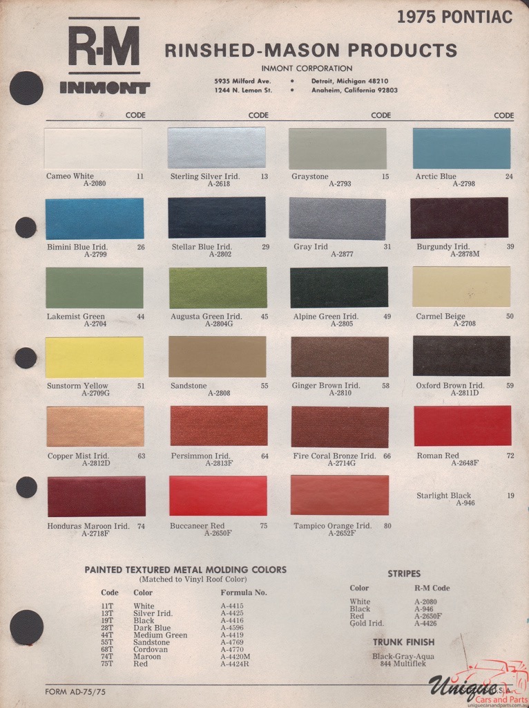 1975 Pontiac Paint Charts RM 1